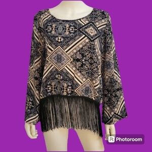 KATE & MALLORY Boho Floral Paisley Fringe Oversized Festival Flapper Blouse